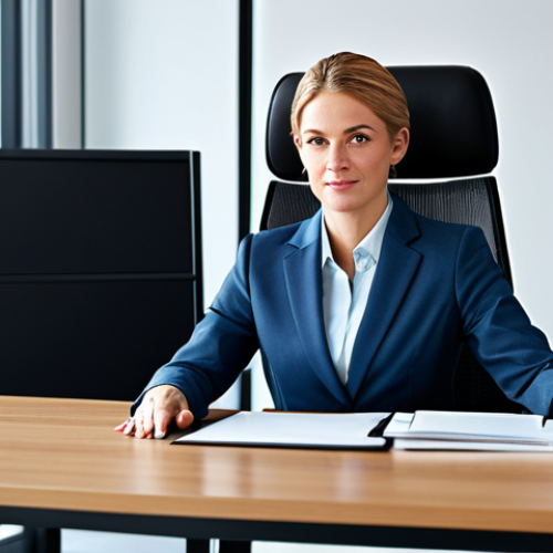 Home 25 **
A professional businesswoman in a modest business suit, sitting at a desk in a modern office, fully clothed, appropriate attire, safe for work, perfect anatomy, natural proportions, professional photography, high quality, family-friendly.
**