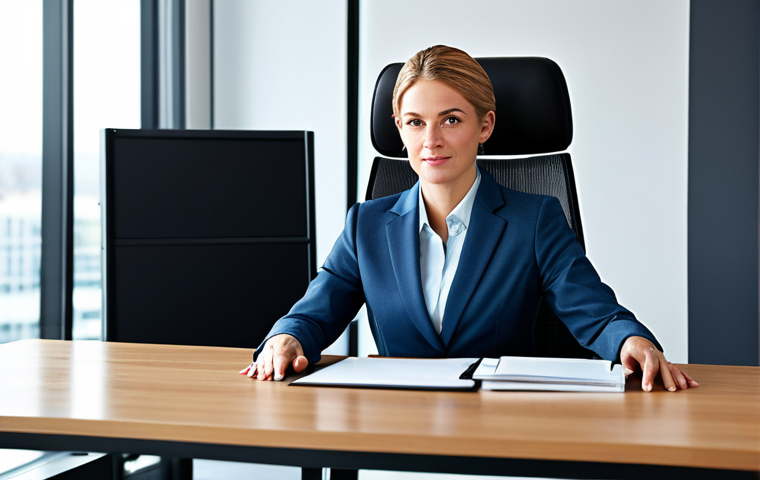 **

A professional businesswoman in a modest business suit, sitting at a desk in a modern office, fully clothed, appropriate attire, safe for work, perfect anatomy, natural proportions, professional photography, high quality, family-friendly.

**