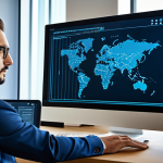 **Prompt:** A professional cybersecurity expert, fully clothed in a modest business casual outfit, demonstrating data encryption on a computer screen. Background: a modern office with secure network symbols. Safe for work, appropriate content, perfect anatomy, well-formed hands, professional photography, high quality.