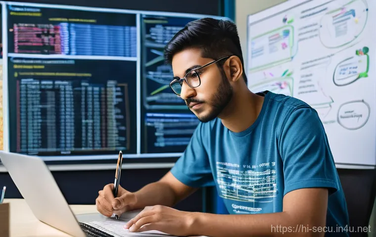 정보보안 자격증 취득을 위한 필기 실기 공부법 - **Prompt:** A focused and determined young adult (of South Asian ethnicity, gender-neutral appearanc...