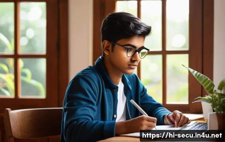 정보보안 필기 시험의 효율적인 학습 계획 - A focused young Indian student sitting at a wooden study desk in a bright, cozy room with natural su...