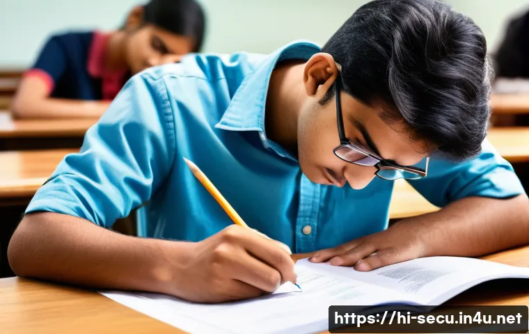 정보보안 실기 시험에서 많이 실수하는 사례 정리 - A focused Indian student in a well-lit exam hall, wearing modest clothing and glasses, managing time...