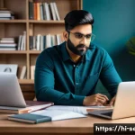 정보보안 자격증을 활용한 이직 준비 전략 - A professional Indian man studying cybersecurity certification materials at a desk, surrounded by op...