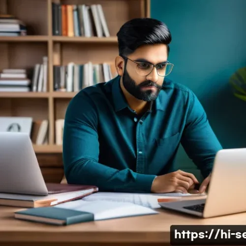 정보보안 자격증을 활용한 이직 준비 전략 - A professional Indian man studying cybersecurity certification materials at a desk, surrounded by op...
