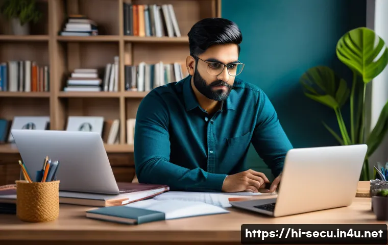 정보보안 자격증을 활용한 이직 준비 전략 - A professional Indian man studying cybersecurity certification materials at a desk, surrounded by op...