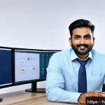 정보보안 자격증 취득 후 해외 취업 성공 후기 - A professional Indian man in business casual attire sitting at a modern office desk with multiple co...
