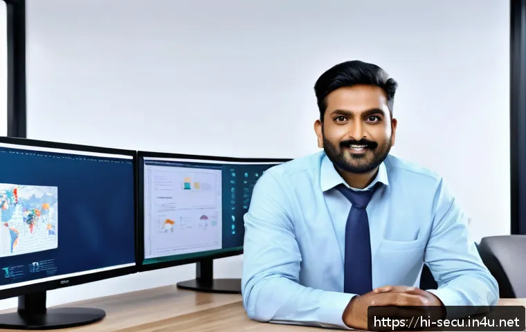 정보보안 자격증 취득 후 해외 취업 성공 후기 - A professional Indian man in business casual attire sitting at a modern office desk with multiple co...