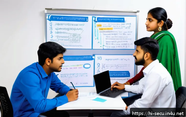 정보보안 실기 시험 대비 사례별 풀이 전략 - A detailed professional study environment showing a group of Indian students in their twenties, gath...